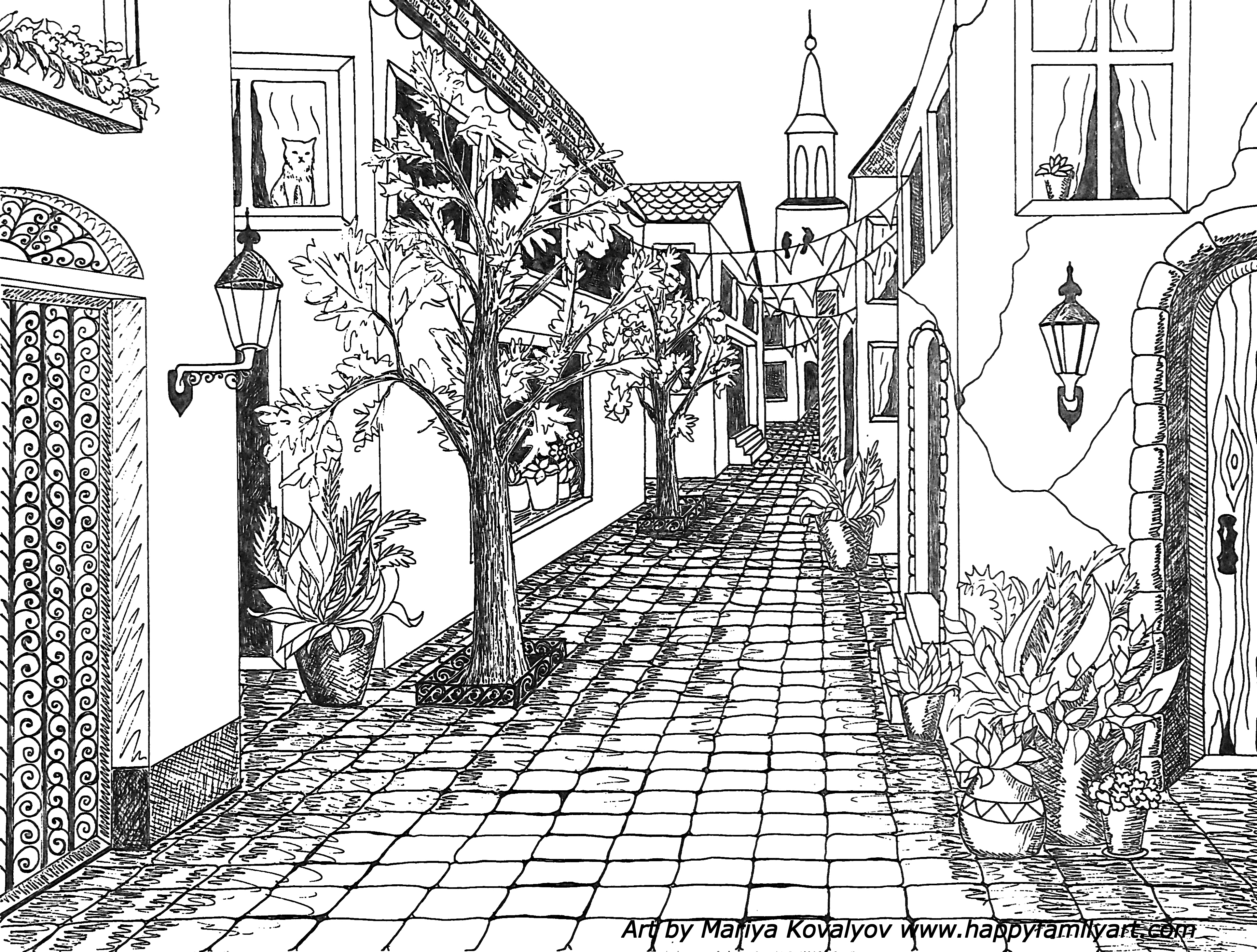 Single Point Perspective Drawing of a Street · Sun And Moon Coloring Pages