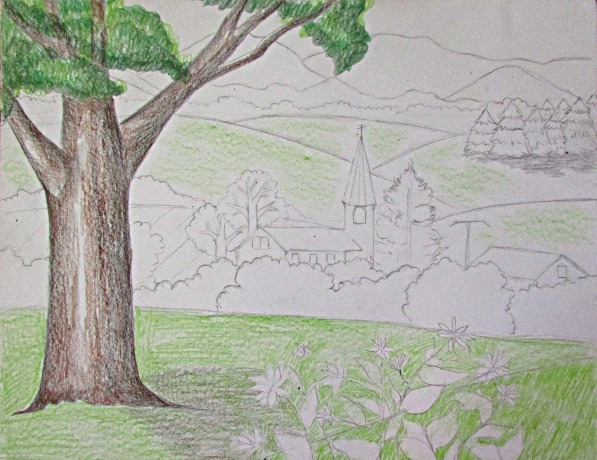 Color Pencil Landscape Drawing - Happy Family Art