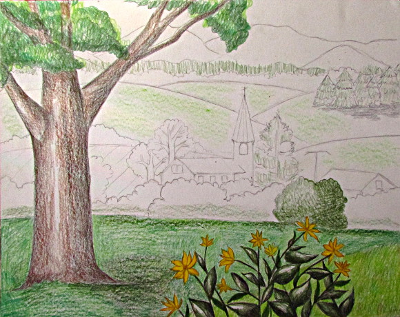 Color Pencil Landscape Drawing - Happy Family Art