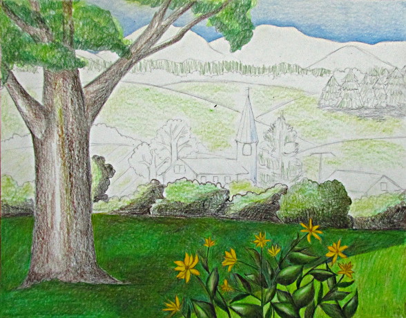 Tried drawing a very simple landscape from imagination using polychromos coloured  pencils. How do I know when to stop adding more layers? Other feedback also  welcome! : r/learnart