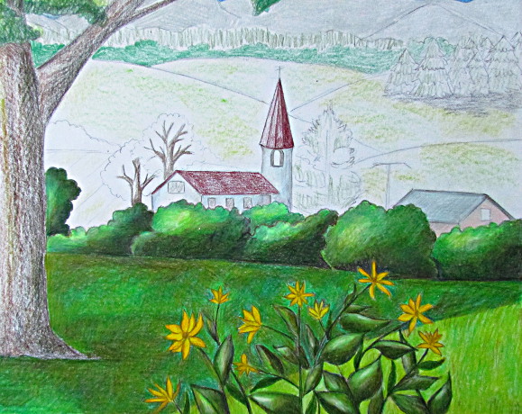 Color Pencil Landscape Drawing Happy Family Art