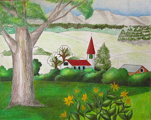 Color Pencil Landscape Drawing Happy Family Art Landscape painting, also known as landscape art, is the depiction of natural scenery such as mountains, valleys, trees, rivers, and forests, especially where the main subject is a wide view—with its elements arranged into a coherent composition. color pencil landscape drawing happy