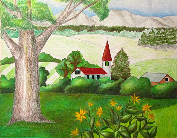 Color Pencil Landscape Drawing Happy Family Art