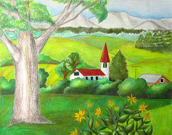 Village Scenery Drawing with Acrylic and Pen, Abstraction Stock  Illustration - Illustration of creative, antique: 110443033