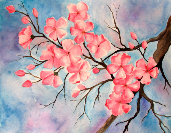 Cherry Blossom Watercolor Painting Happy Family Art - Watercolor Painting Picture