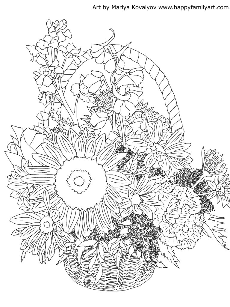 Basket of Flowers Coloring Page
